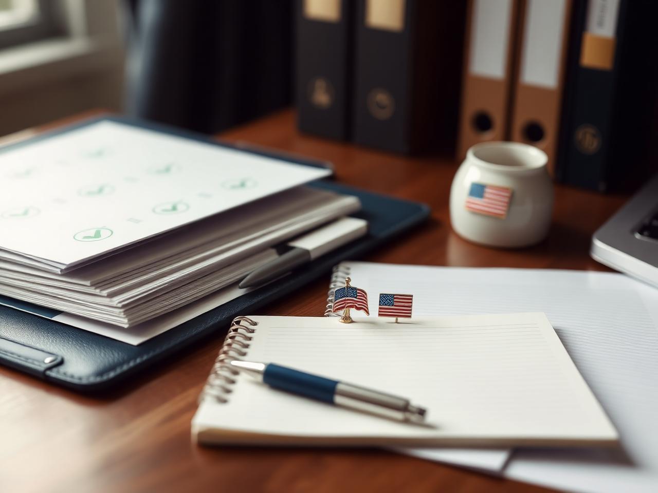 Organized immigration preparation documents, a checklist notepad and a pen on a desk